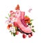 Pink vintage roller skates in bunch of floweers and butterflies. Watercolor illustration