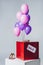 pink and violet balloons, high heels and sale sign, summer