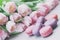 Pink and violet Macaroons, spring flowers, tulips, tender pastel background. Romantic morning, gift, present for beloved