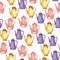 Pink, violet and yellow teapot or coffeepot seamless pattern. Watercolor.