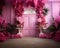 pink wall background with scenic door, Barbie style, Barbie backdrop, floral garland with pink and fuchsia flowers,