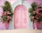 pink wall background with scenic door, Barbie style, Barbie backdrop, floral garland with pink and fuchsia flowers,