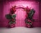 pink wall background with scenic door, Barbie style, Barbie backdrop, floral garland with pink and fuchsia flowers,