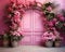 pink wall background with scenic door, Barbie style, Barbie backdrop, floral garland with pink and fuchsia flowers,