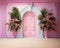 pink wall background with scenic door, Barbie style, Barbie backdrop, floral garland with pink and fuchsia flowers,