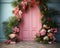 pink wall background with scenic door, Barbie style, Barbie backdrop, floral garland with pink and fuchsia flowers,