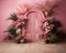 pink wall background with scenic door, Barbie style, Barbie backdrop, floral garland with pink and fuchsia flowers,