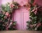 pink wall background with scenic door, Barbie style, Barbie backdrop, floral garland with pink and fuchsia flowers,