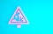 Pink Warning road sign throwing stone materials icon isolated on blue background. Traffic rules and safe driving