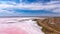 The pink water. Algae that grows in high levels of salt. Pink lake in Kherson region, Ukraine