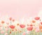 Pink watercolor springtime background with colorful illustrated flowers at the bottom, room for copyspace at top