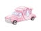Pink watercolor wedding car. A car for newlyweds. Classic wedding pink car. Wedding carriage