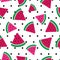 Pink watermelon slices flat vector over black polka dots background