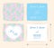 Pink wedding card template heart icon, white name label on pastel rose shape pattern blue background