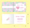 Pink wedding card template heart icon, white name label on pastel rose shape pattern blue background