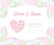 Pink wedding card template label on rose shape pattern background, vintage design frame border