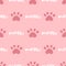 Pink and white cat seamless pattern. Meow and cat paws background vector illustration. Cute cartoon pastel character for