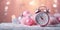 Pink and white Christmas balls and alarm clock on pink bokeh Christmas background, concept of New Year Eve, copy space