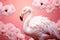 Pink and white Flamingo with orchid flowers decoration on pink background. AI generative