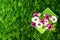 Pink, white and green flowers in a gift box on green background, top view, flat. Copyspace for text.