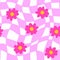 Pink and White Groovy Wavy Melted Psychedelic Checkerboard with small daisy flower doodle. Y2K 90s seamless pattern