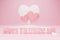 Pink and white hearts floating over white podium
