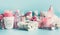 Pink white spa setting with towels, flowers, candles and body care cosmetics at light blue background, banner. Beauty concept