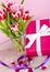 Pink and white tulips present ribbon easter birthday