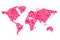 Pink world map with hearts i love you tags for Valentines Day. Vector flat illustration