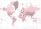 Pink world map with names of countries and their capitals