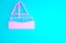 Pink Yacht sailboat or sailing ship icon isolated on blue background. Sail boat marine cruise travel. Minimalism concept