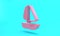 Pink Yacht sailboat or sailing ship icon isolated on turquoise blue background. Sail boat marine cruise travel