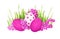 Pink yarrow flowers and Easter painted eggs with green grass
