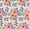 Pink and yellow cute flowers in a seamless pattern design