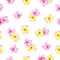 Pink and yellow plumeria flowers seamless vector pattern