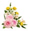 Pink and yellow roses and alstroemeria flowers in a corner arrangement