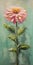 Pink Zinnia: A Panoramic Impasto Painting On Green Background