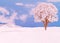 Pinkish white winter tree over snowy landscape. Winter decoration, invitation card, poster, background. 3d illustration.