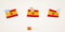 Pinned flag of Spain in different shapes with twisted corners. Vector pushpins top view