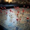 Pinned paths Conceptual city map, marked with vivid red pins