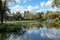 Pinner Memorial Park, UK. Photo shows lake with fountain, birds, ducks, geese, trees and green foliage.