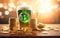 Pint of beer with bitcoin emblem. St Patricks Day blurred background. Wooden table surface, Piles of golden coins, money scattered