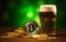 Pint of beer with bitcoin emblem on St Patricks Day blurred green background. Wooden table surface, bunch of golden coins. Bokeh,