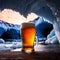 Pint of cold beer in blue ice frozen cave