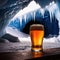 Pint of cold beer in blue ice frozen cave