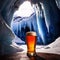 Pint of cold beer in blue ice frozen cave