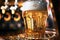 A pint of light beer stands on the bar counter in the pub