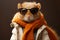 A pint sized rodent stands in fashion, wearing glasses and scarf