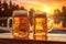 pint on a wooden table in the golden light of a summer sunset with generative ai