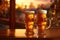 pint on a wooden table in the golden light of a summer sunset with generative ai